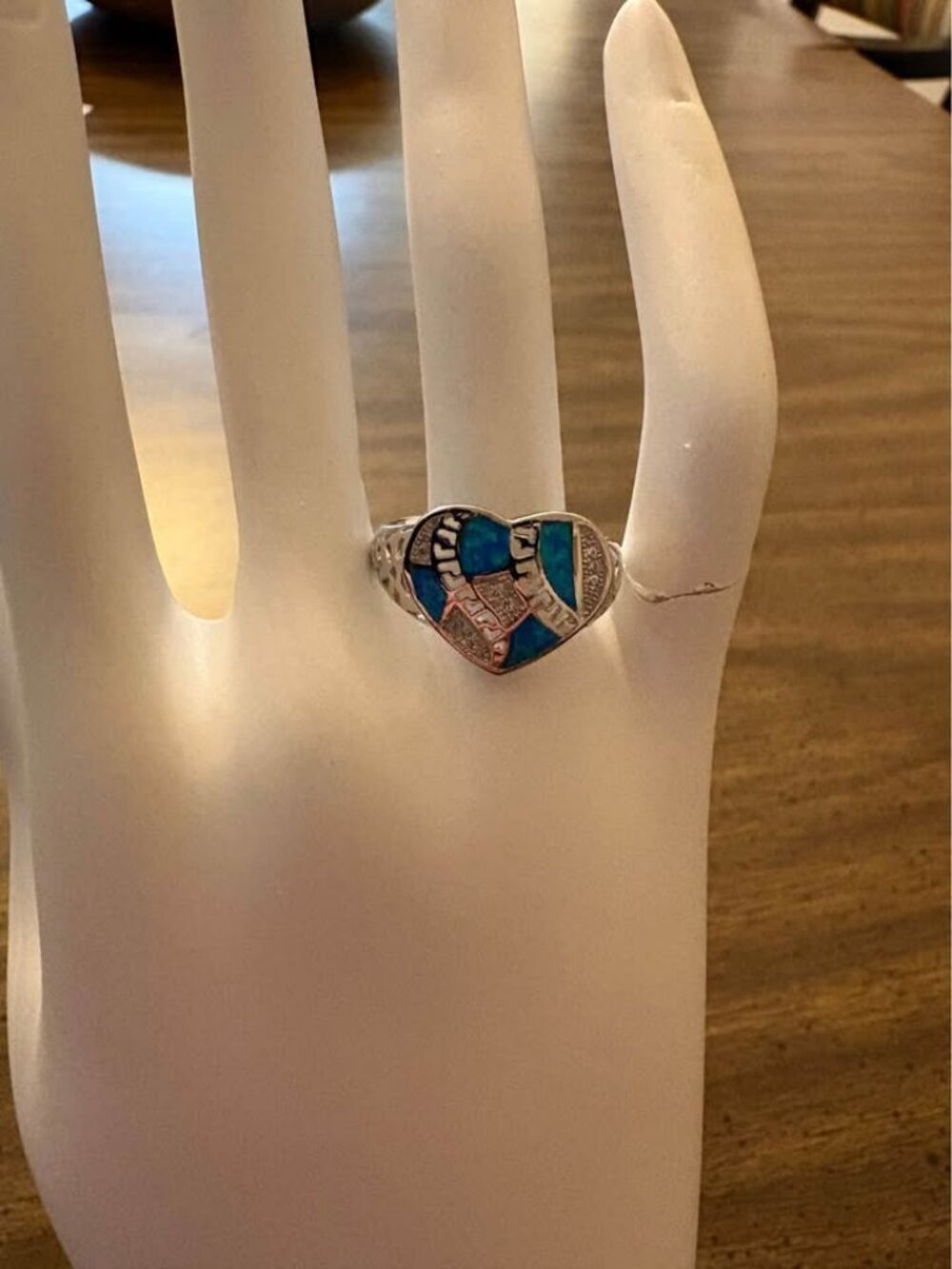 925 Sterling Silver Blue Opal Heart Ring Size 9